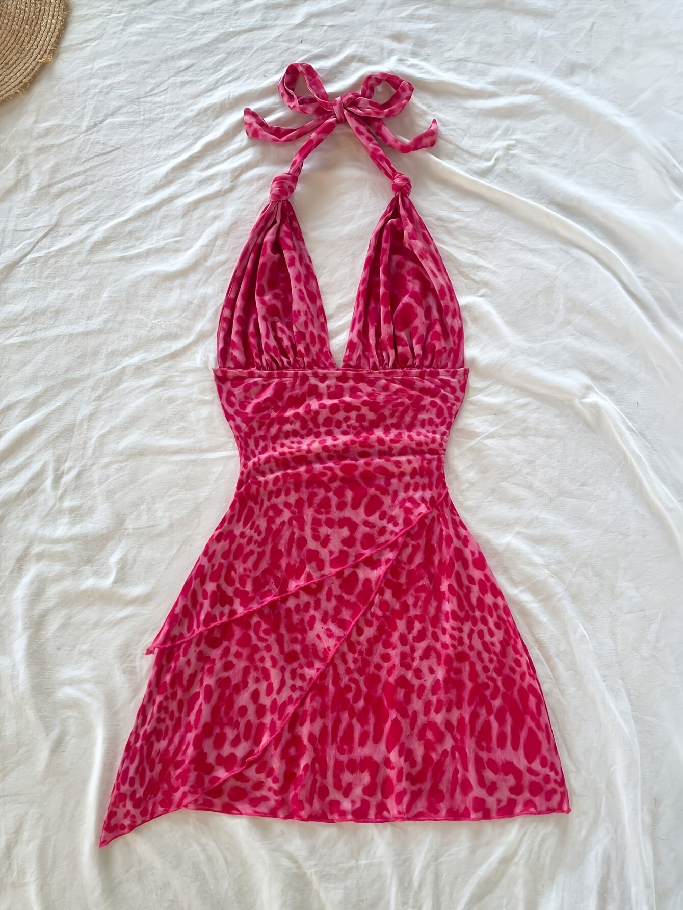 Women's Summer Sleeveless V-Neck Leopard Print Dress - Lightweight Semi-Sheer Ruffled Hem, Machine Washable Stretchy Spaghetti Strap Casual to Evening Outfit